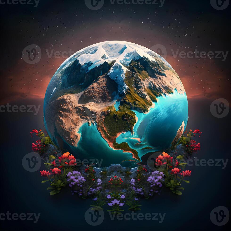 content, Planet earth is surrounded by flowers. earth day concept. photo