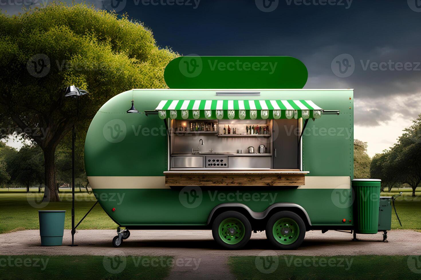 content, A green street food truck by the ocean. Street food in the park, city photo