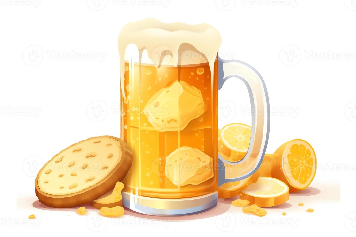 Sugar cookie beer pint with foam shape and yellow shiny glazing sweet dessert white illustration cookie decoration pub beverage white background food illustration clipart. photo