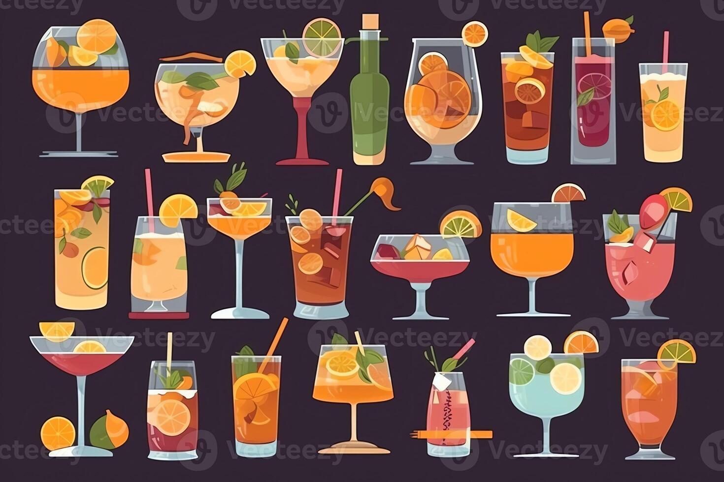 Popular alcoholic cocktails with titles icons set in flat style isolated. photo