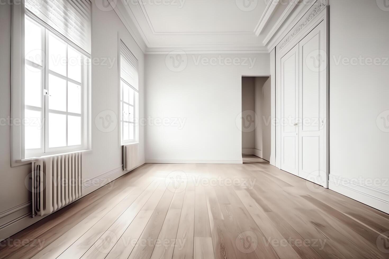 vacío habitación con blanco pared y de madera piso. ai generado foto