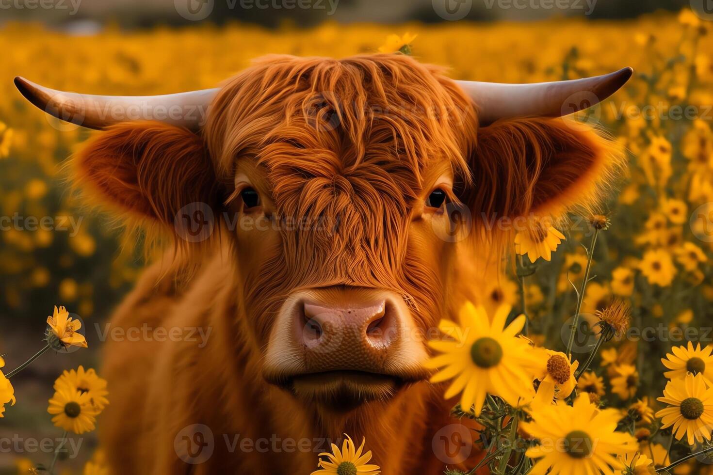 Highland cow face with many various sunflowers. photo