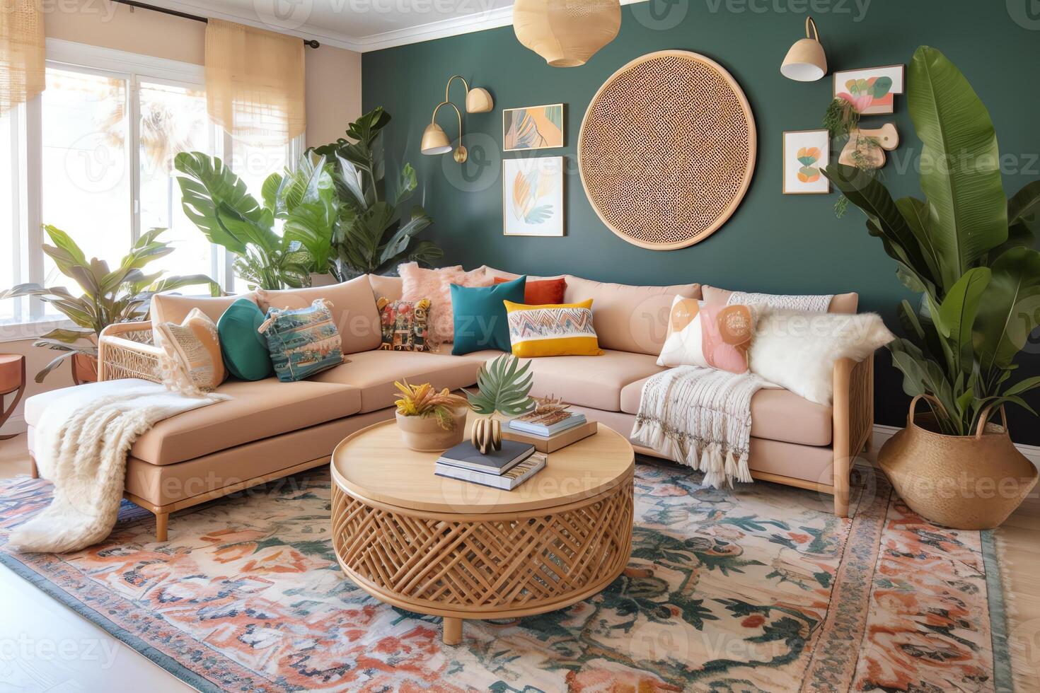 A tropical inspired living room with a woven cane sectional colorful  botanical prints and bold greenery accents. AI Generated 23383786 Stock  Photo at Vecteezy