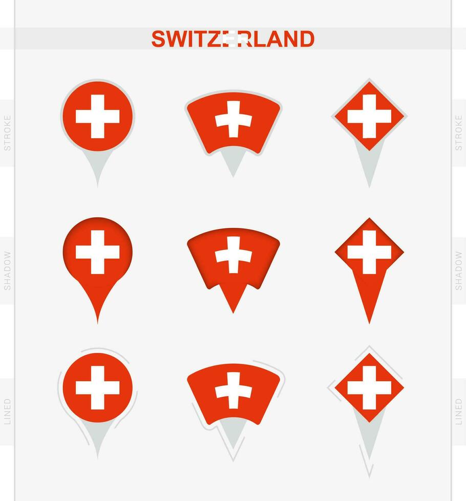 Suiza bandera, conjunto de ubicación alfiler íconos de Suiza bandera. vector