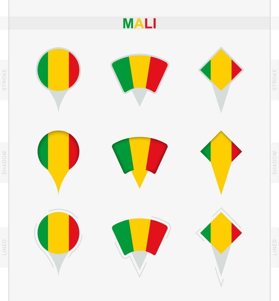 mali bandera, conjunto de ubicación alfiler íconos de mali bandera. vector