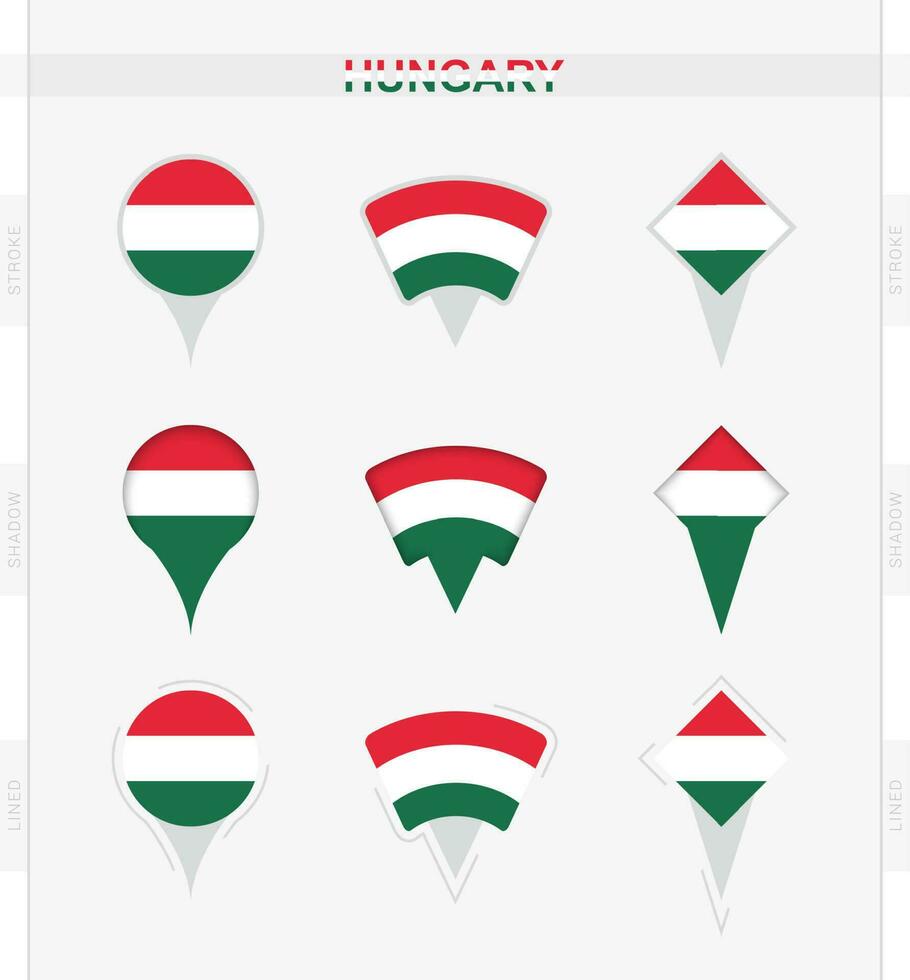 Hungría bandera, conjunto de ubicación alfiler íconos de Hungría bandera. vector