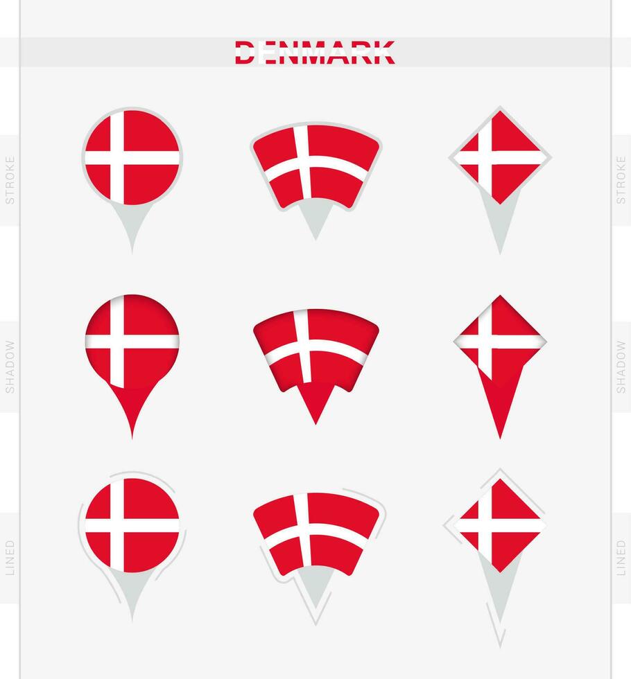 Denmark flag, set of location pin icons of Denmark flag. vector