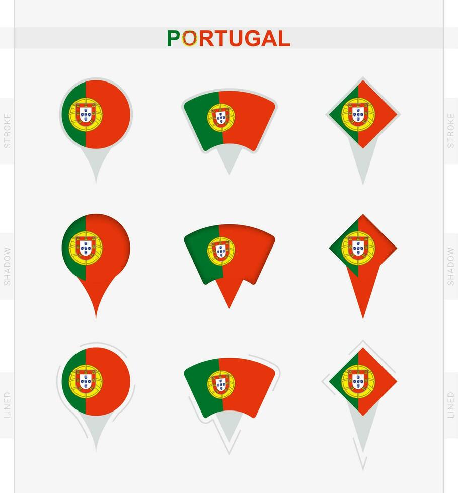 Portugal bandera, conjunto de ubicación alfiler íconos de Portugal bandera. vector