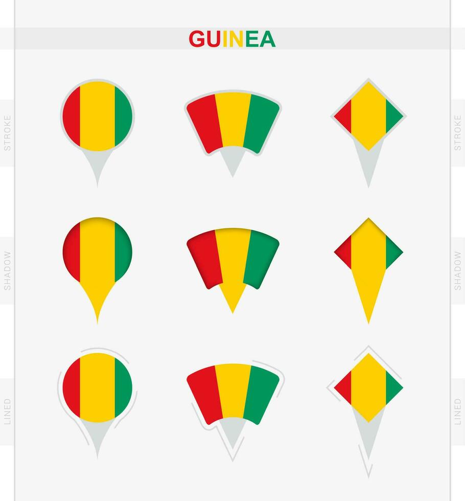 Guinea flag, set of location pin icons of Guinea flag. vector