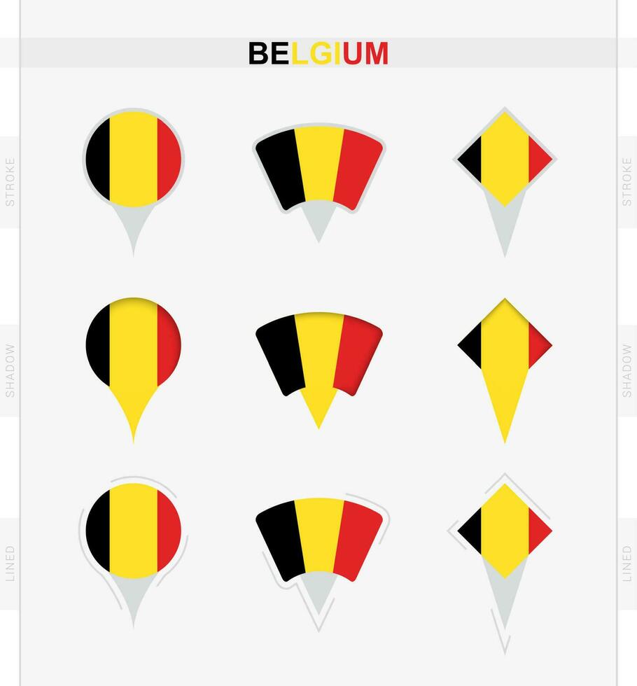 Bélgica bandera, conjunto de ubicación alfiler íconos de Bélgica bandera. vector