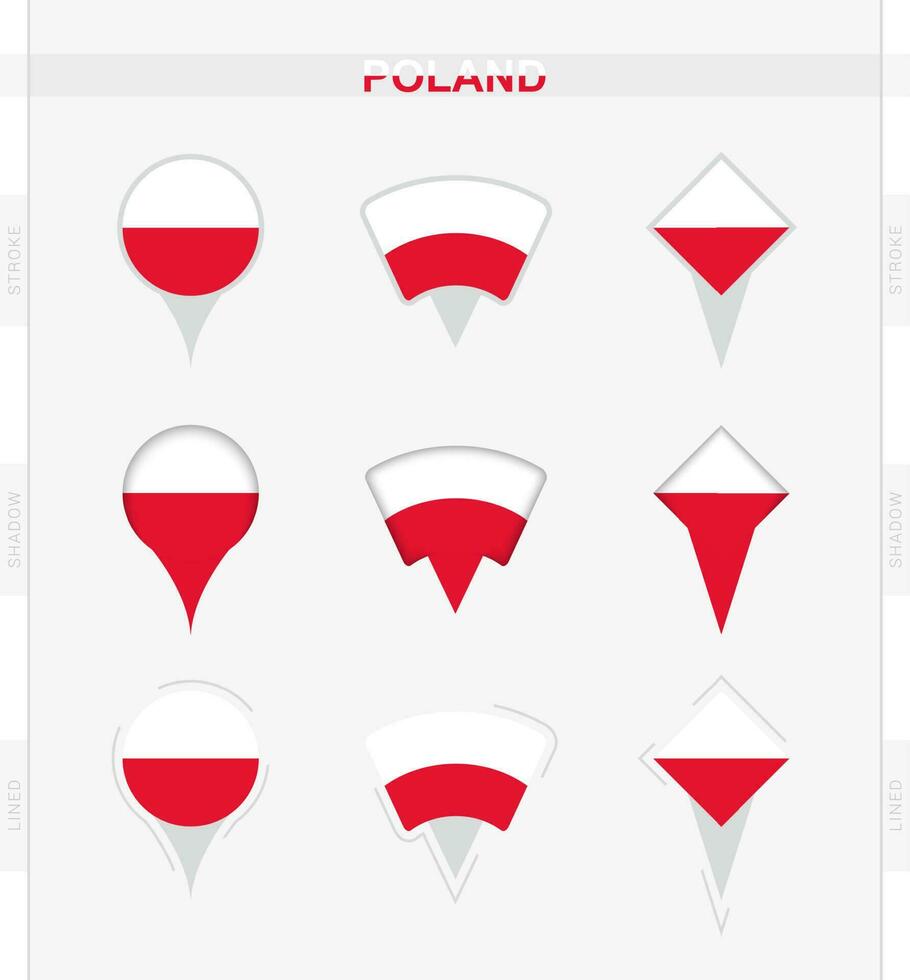 Poland flag, set of location pin icons of Poland flag. vector