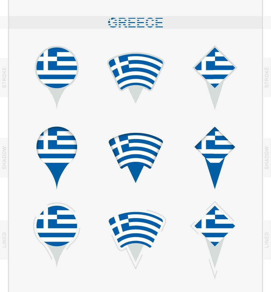 Grecia bandera, conjunto de ubicación alfiler íconos de Grecia bandera. vector