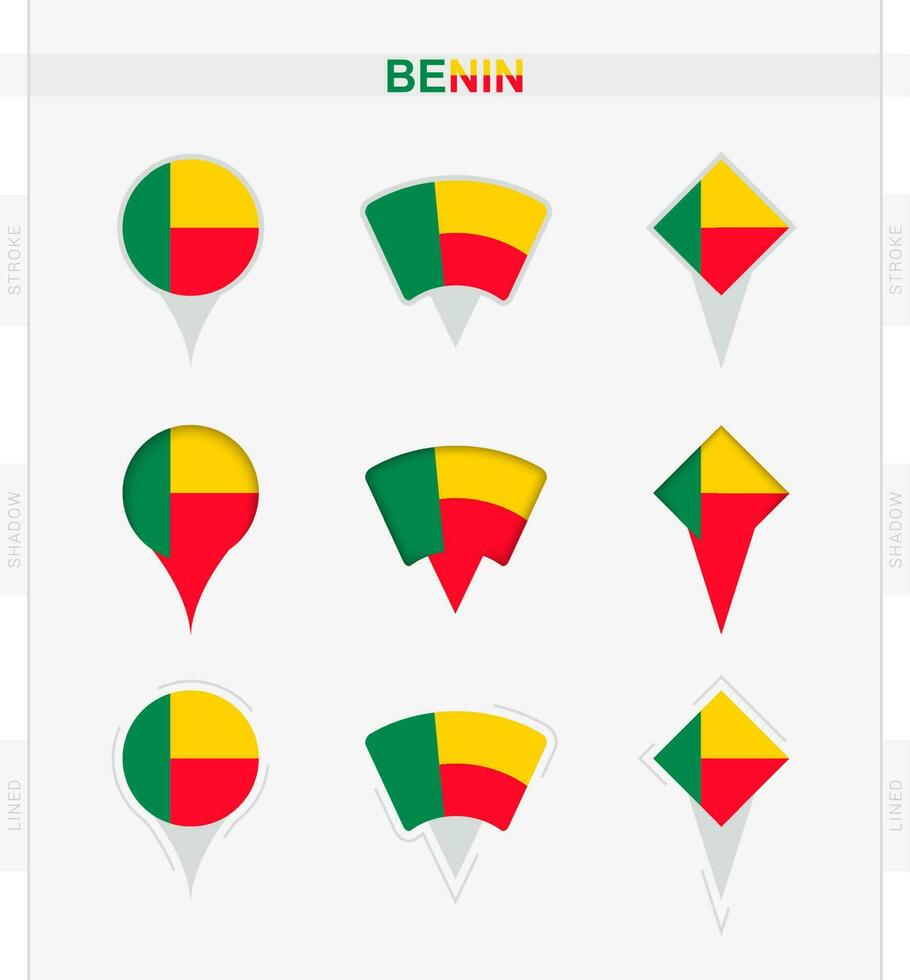 Benin flag, set of location pin icons of Benin flag. vector