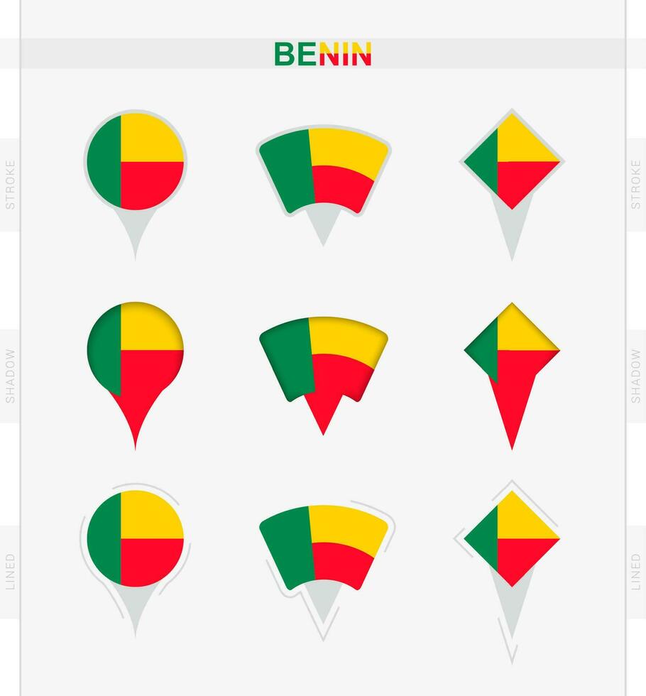 benin bandera, conjunto de ubicación alfiler íconos de benin bandera. vector