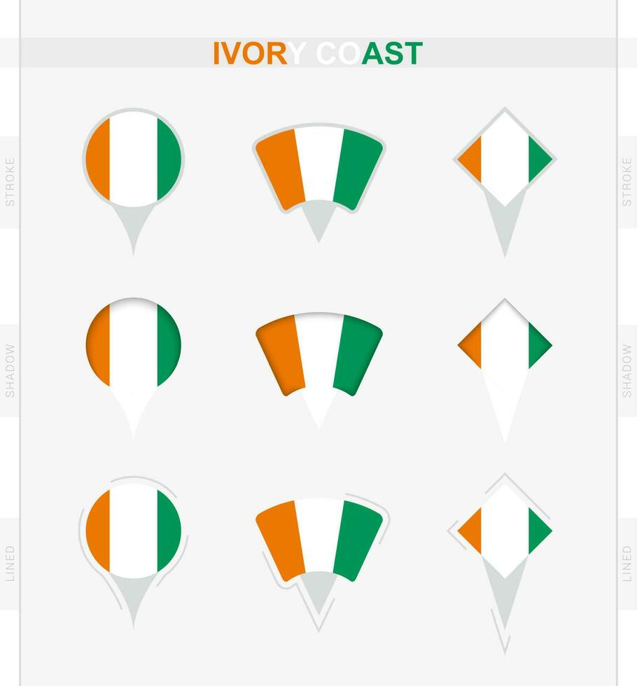Ivory Coast flag, set of location pin icons of Ivory Coast flag. vector