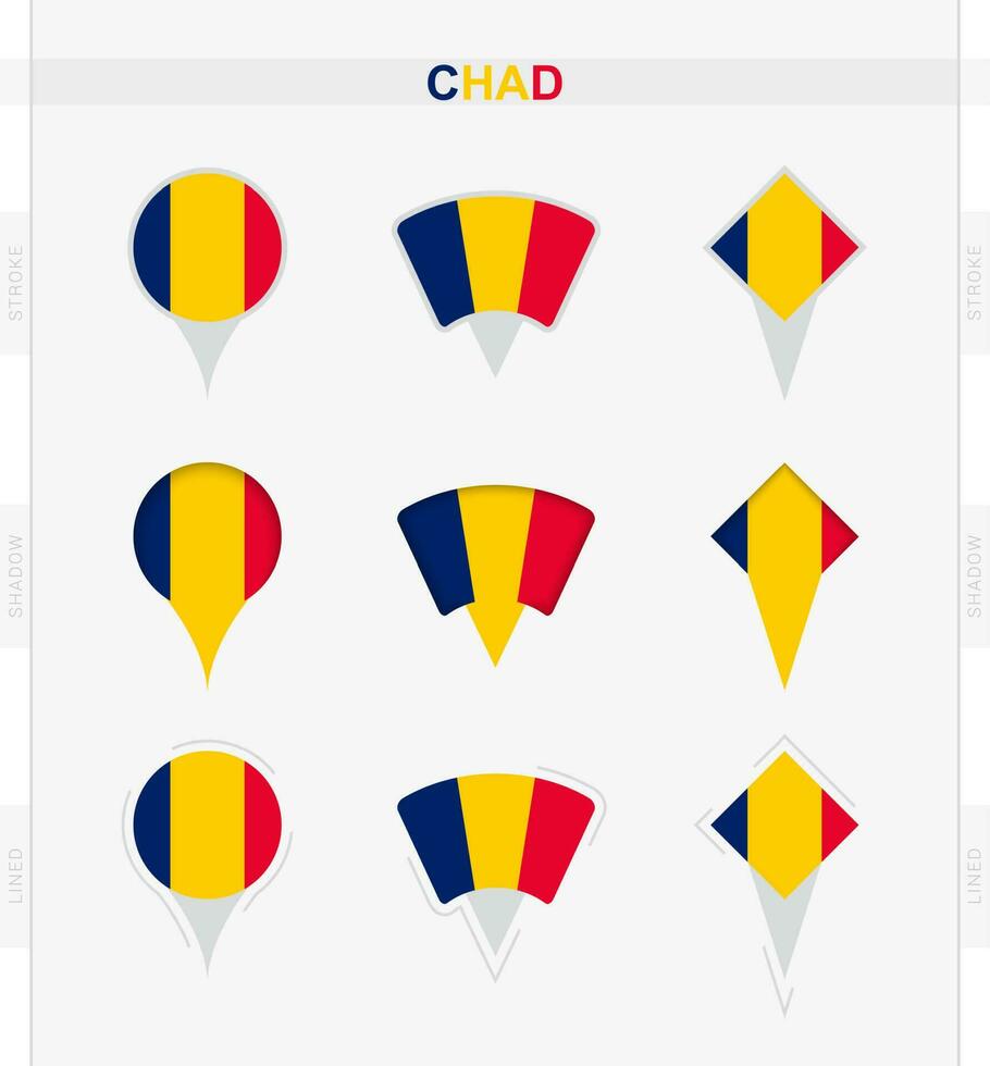 Chad flag, set of location pin icons of Chad flag. vector