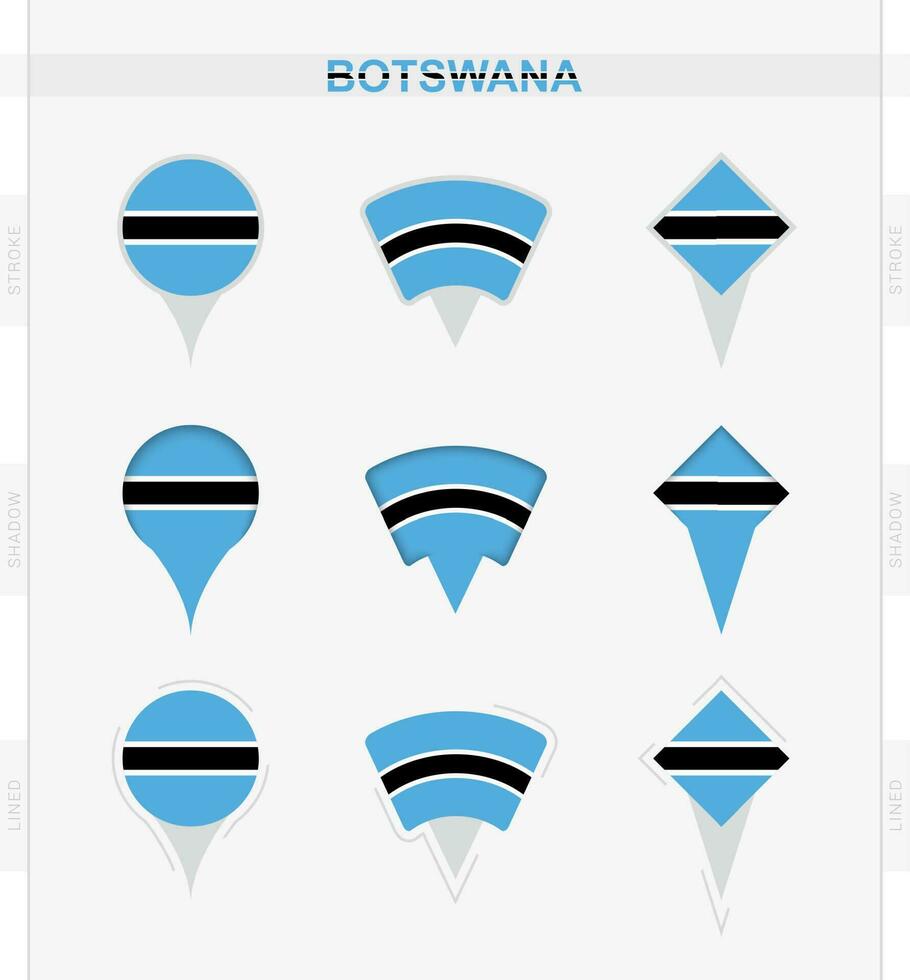 Botswana flag, set of location pin icons of Botswana flag. vector