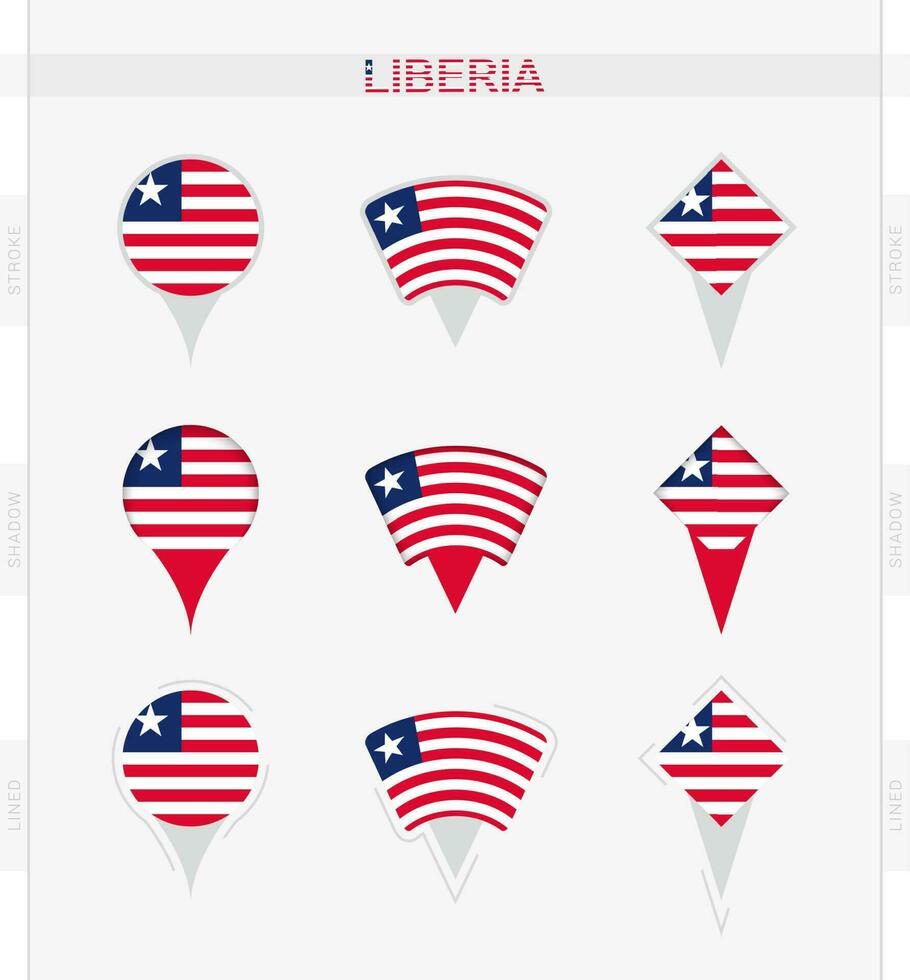 Liberia flag, set of location pin icons of Liberia flag. vector