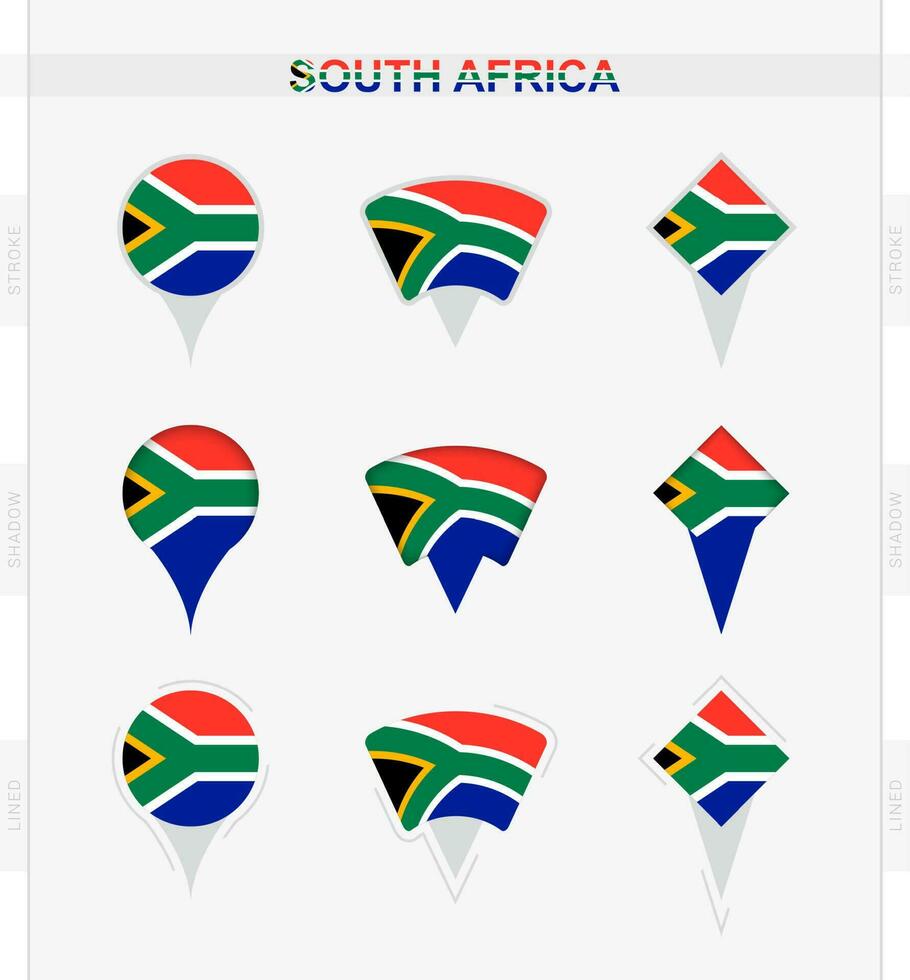 sur África bandera, conjunto de ubicación alfiler íconos de sur África bandera. vector