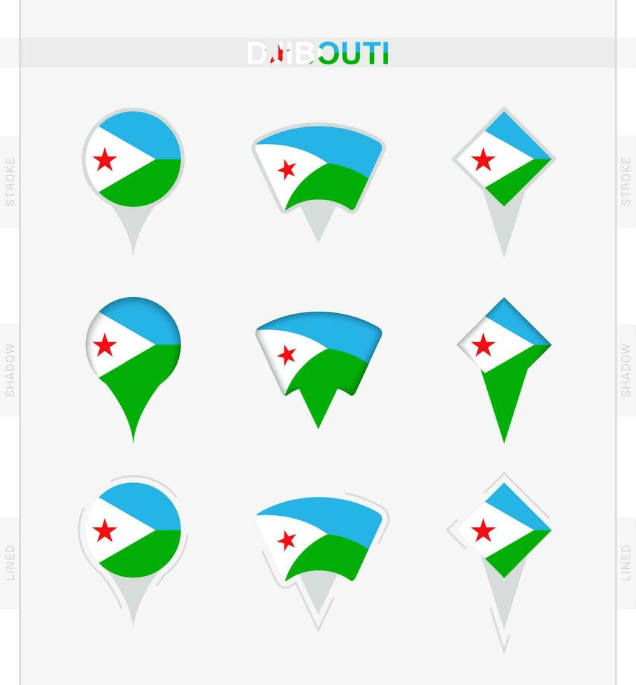 djibouti bandera, conjunto de ubicación alfiler íconos de djibouti bandera. vector