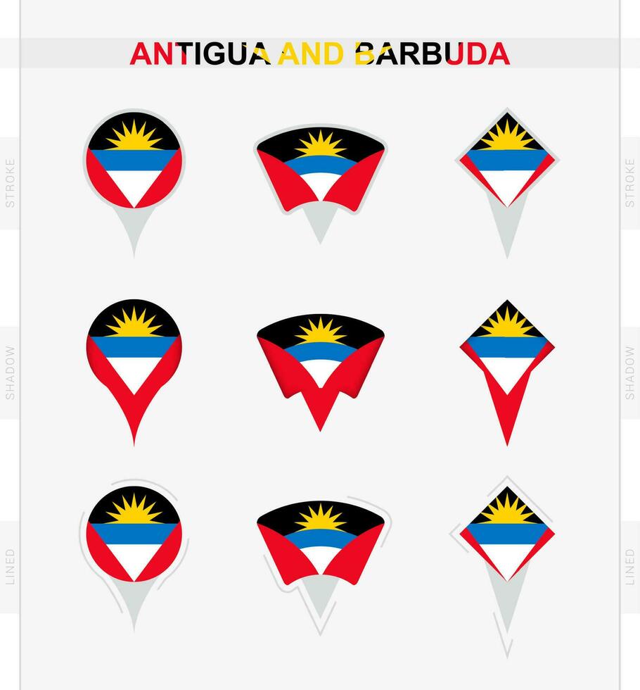 antigua y barbuda bandera, conjunto de ubicación alfiler íconos de antigua y barbuda bandera. vector