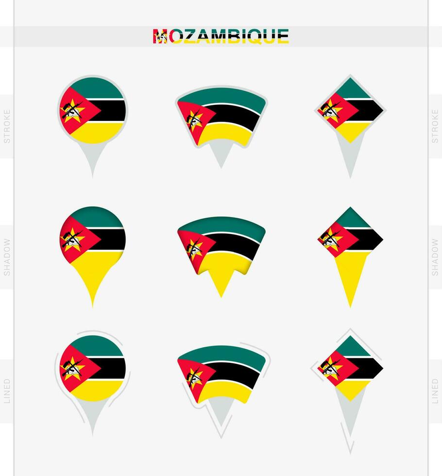 Mozambique flag, set of location pin icons of Mozambique flag. vector