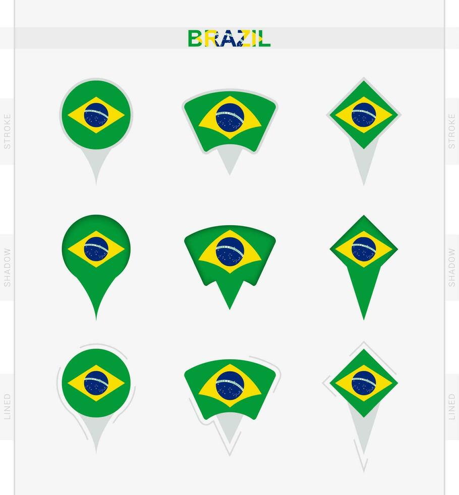 Brazil flag, set of location pin icons of Brazil flag. vector