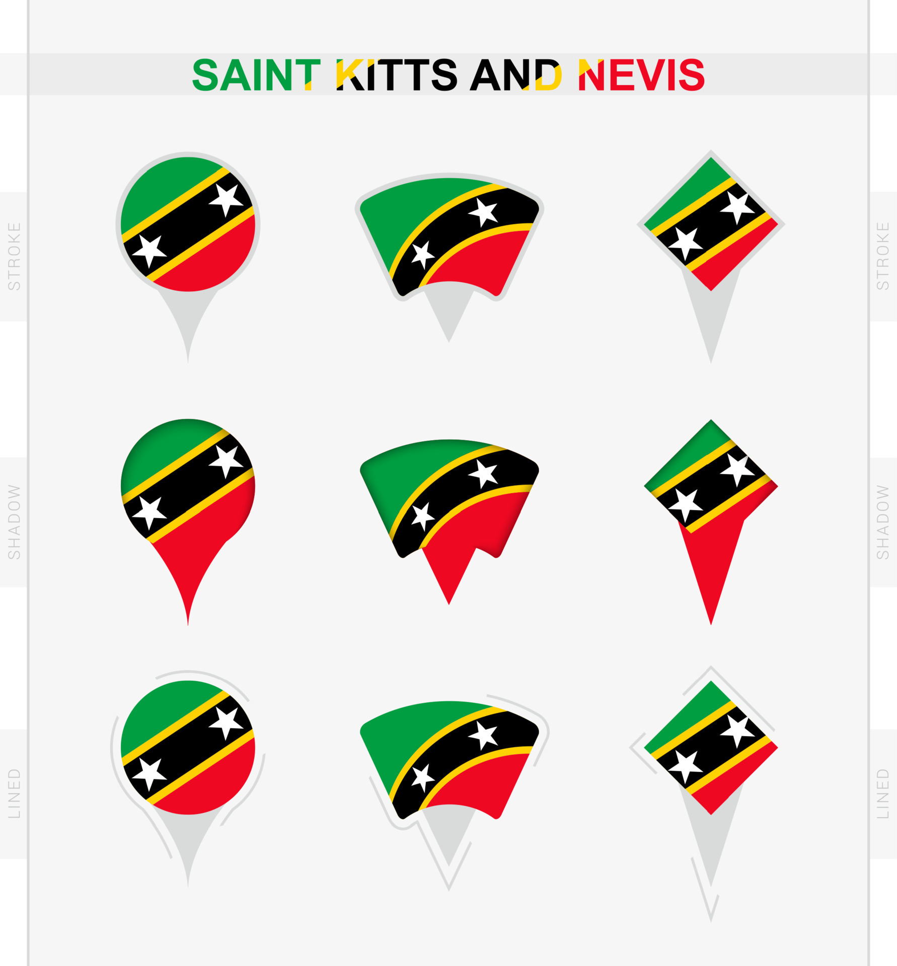 Saint Kitts and Nevis flag, set of location pin icons of Saint Kitts
