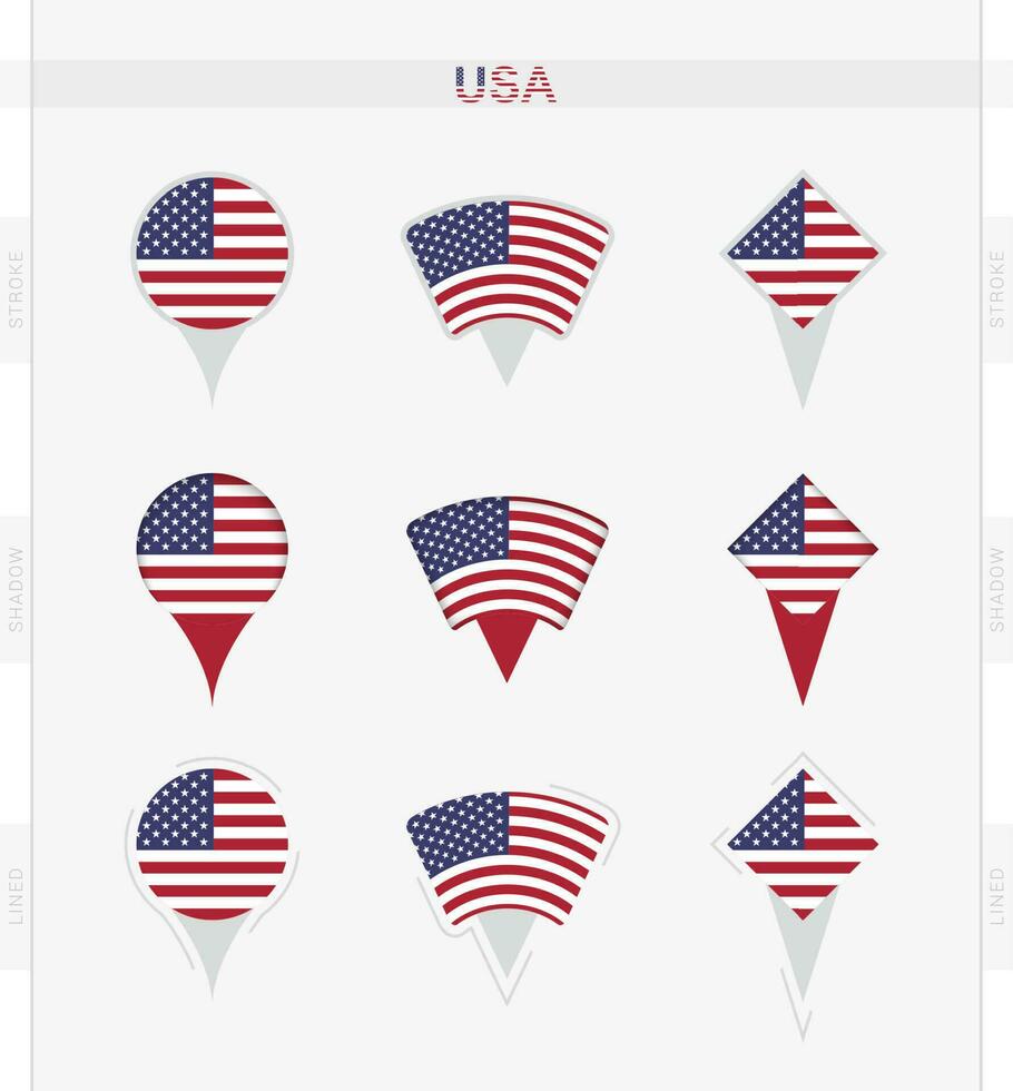 Estados Unidos bandera, conjunto de ubicación alfiler íconos de Estados Unidos bandera. vector