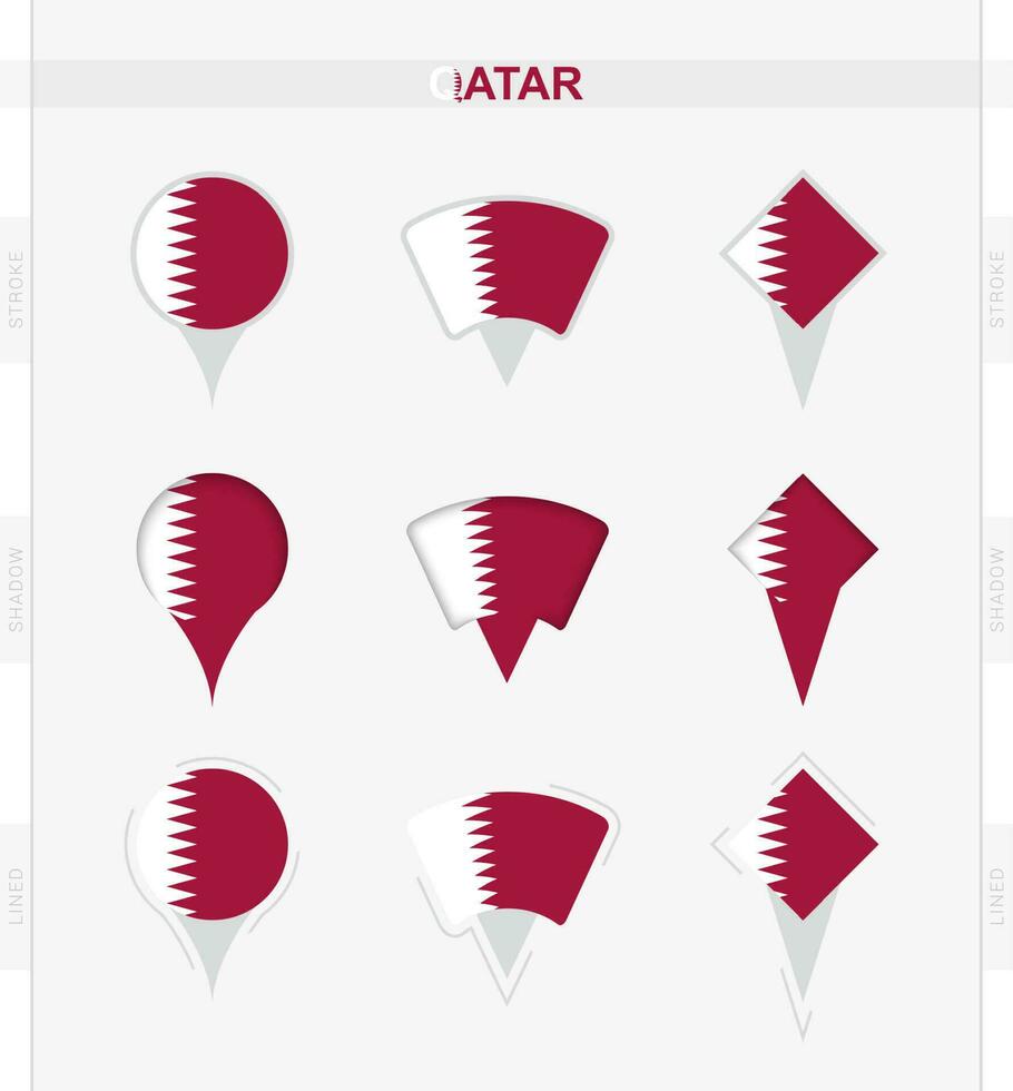 Qatar flag, set of location pin icons of Qatar flag. vector