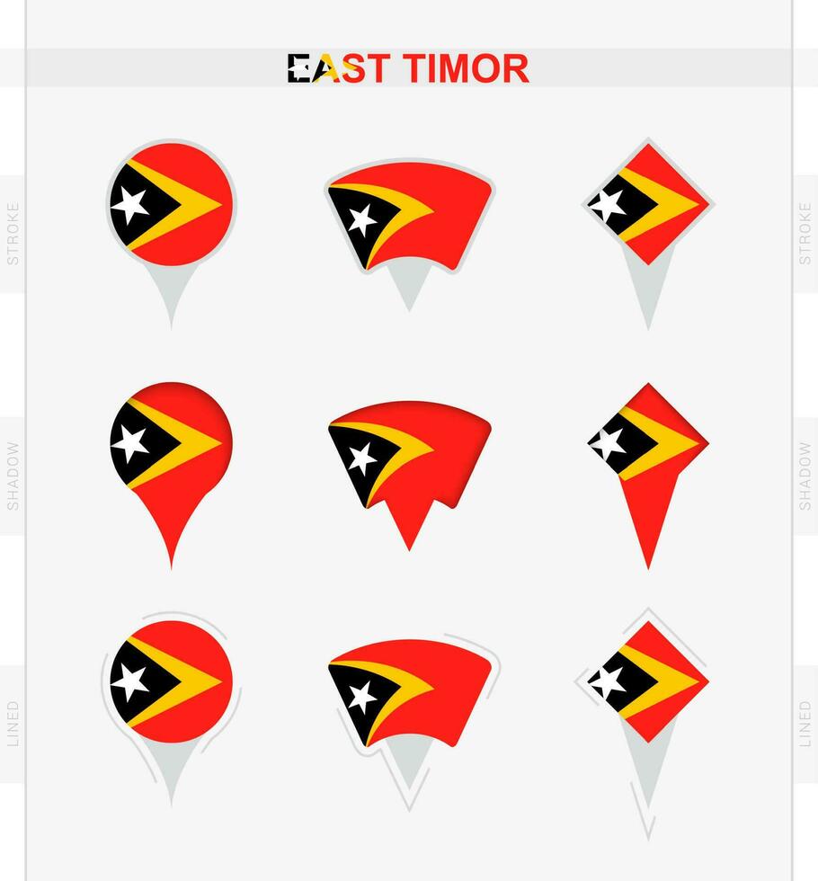 East Timor flag, set of location pin icons of East Timor flag. vector