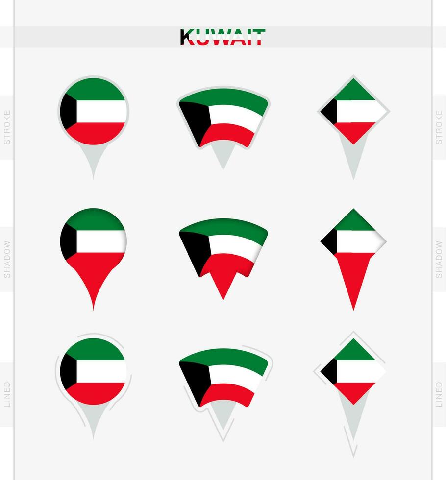 Kuwait flag, set of location pin icons of Kuwait flag. vector