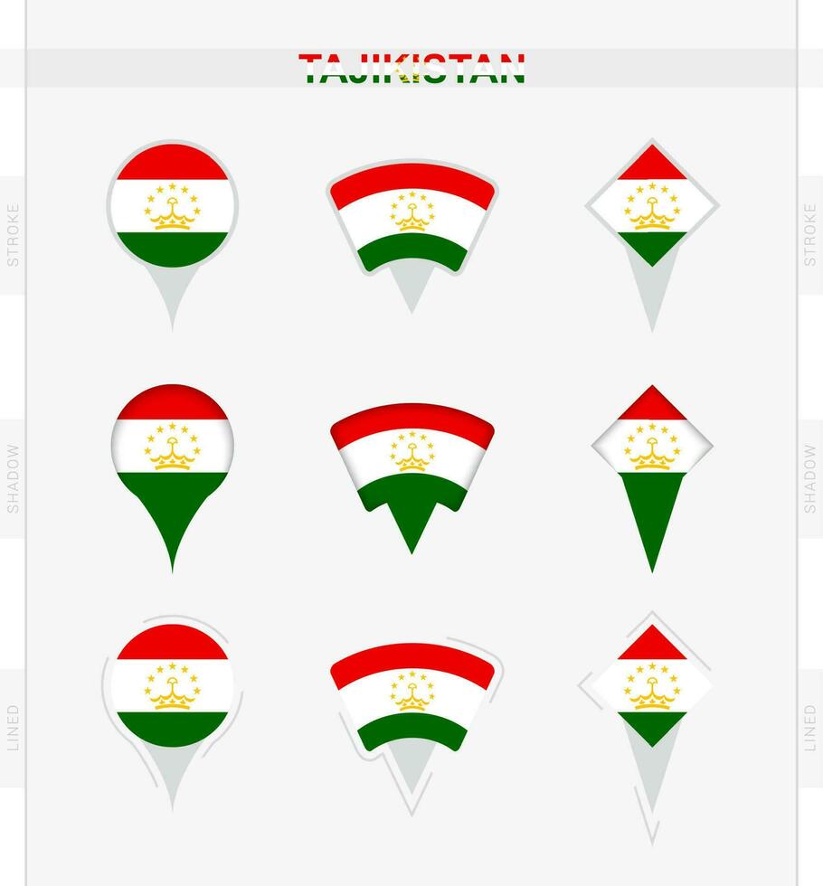 Tajikistan flag, set of location pin icons of Tajikistan flag. vector