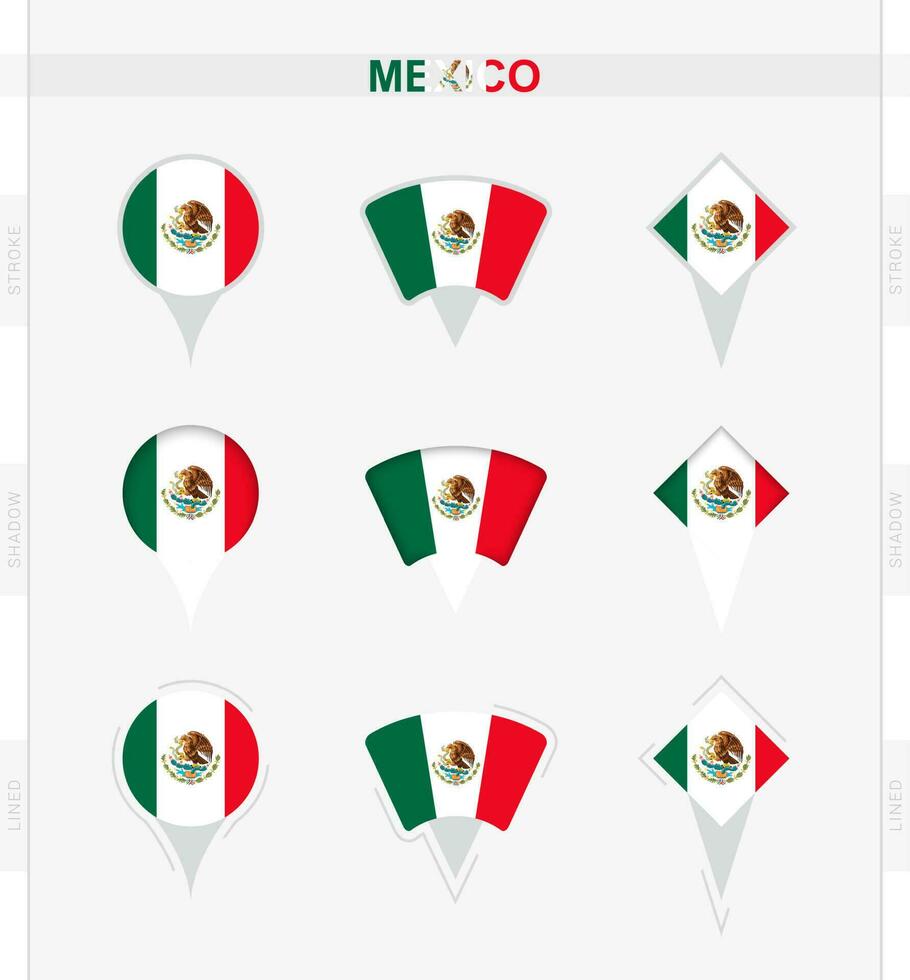 Mexico flag, set of location pin icons of Mexico flag. vector