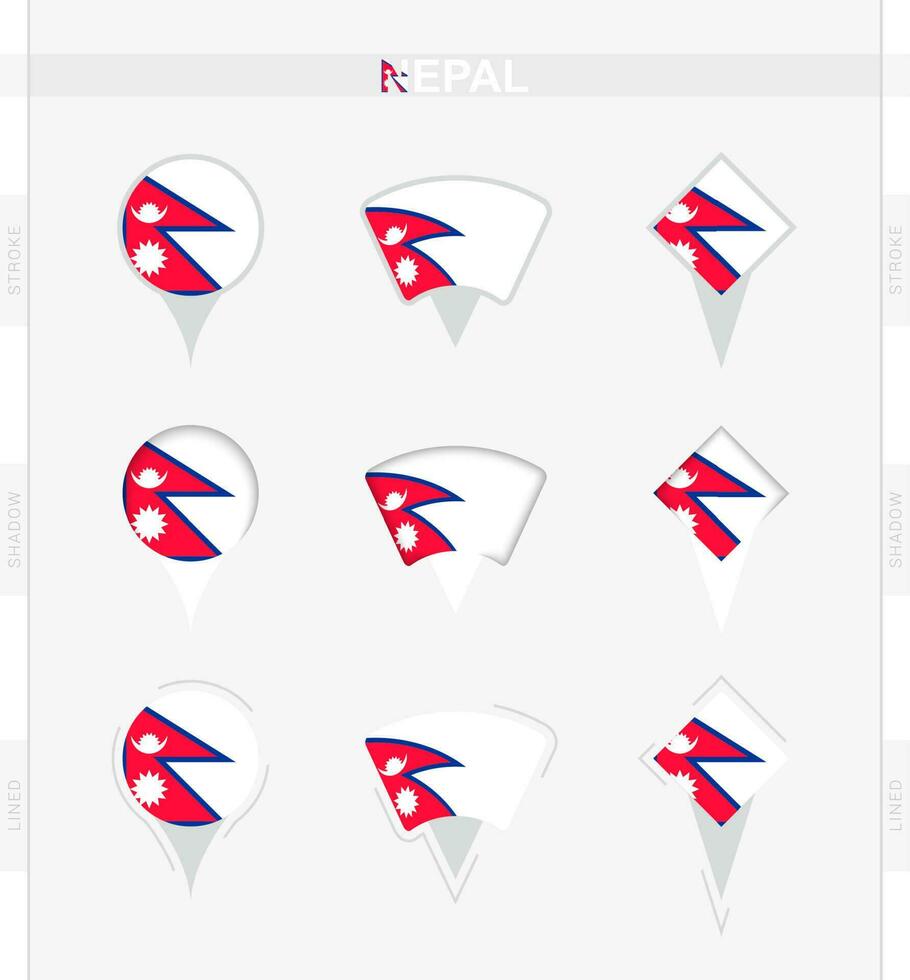 Nepal flag, set of location pin icons of Nepal flag. vector