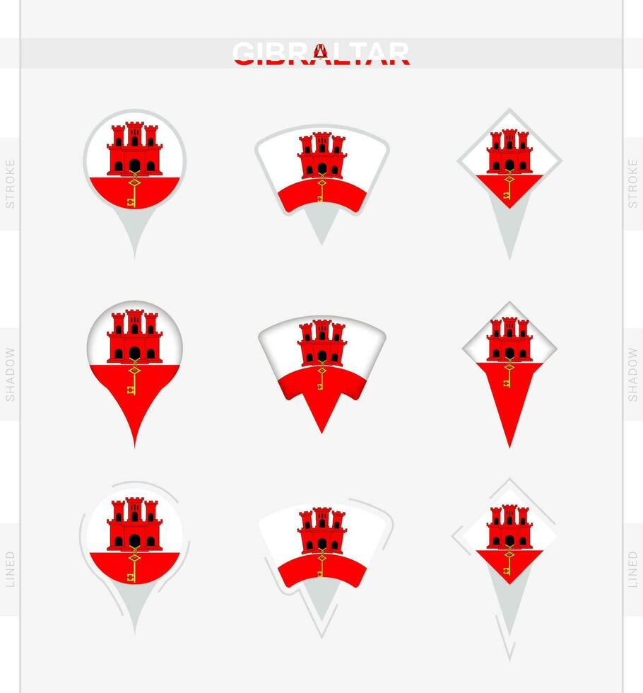 Gibraltar flag, set of location pin icons of Gibraltar flag. vector