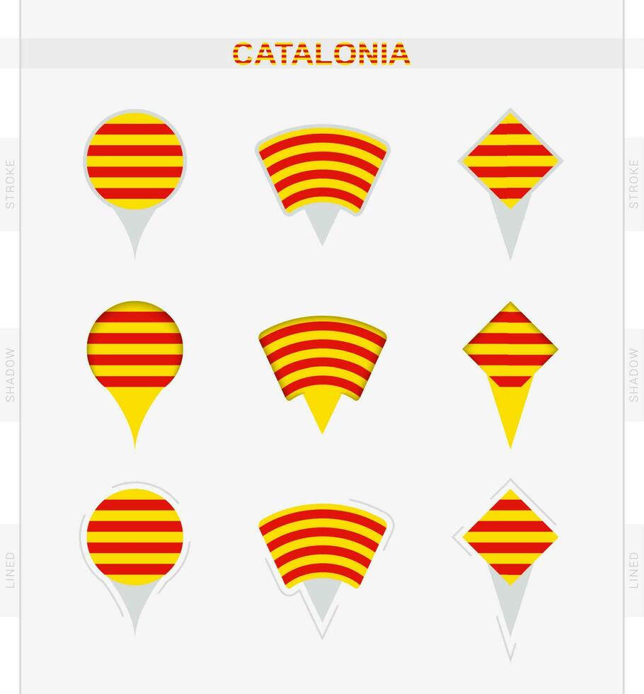 Cataluña bandera, conjunto de ubicación alfiler íconos de Cataluña bandera. vector
