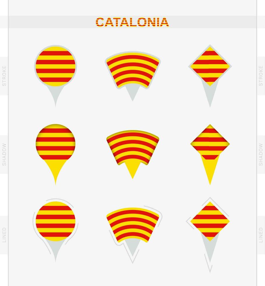 Catalonia flag, set of location pin icons of Catalonia flag. vector