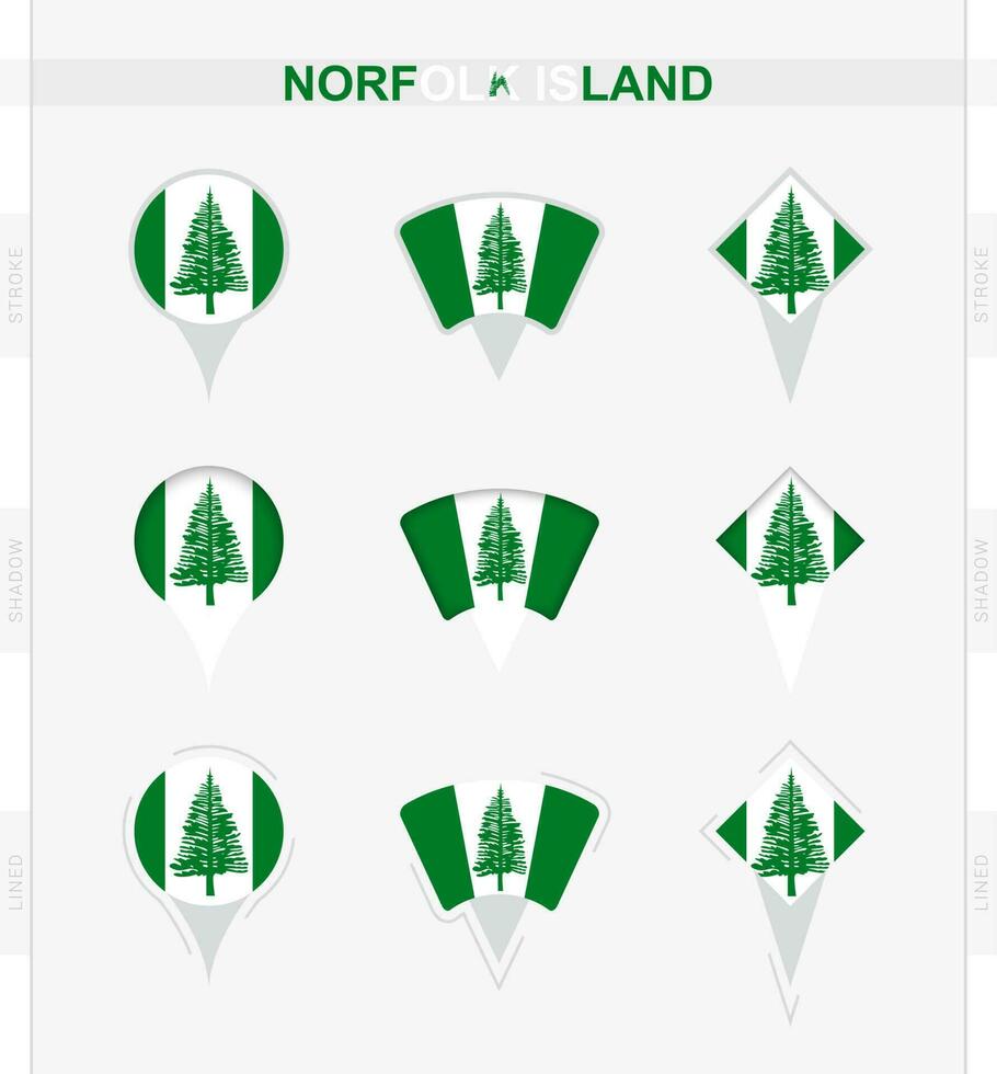 Norfolk Island flag, set of location pin icons of Norfolk Island flag. vector