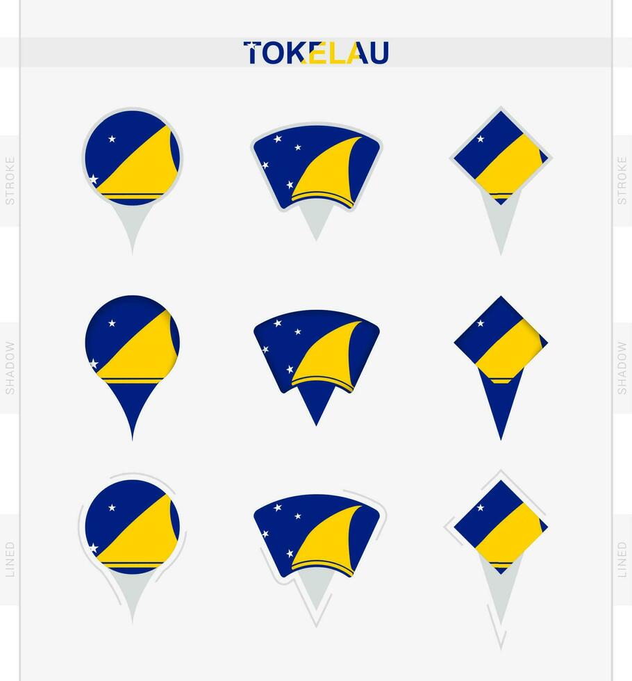 Tokelau flag, set of location pin icons of Tokelau flag. vector