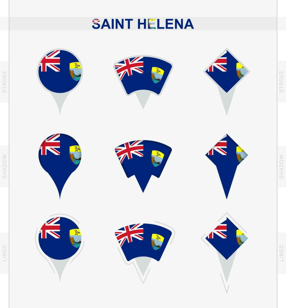 Saint Helena flag, set of location pin icons of Saint Helena flag. vector