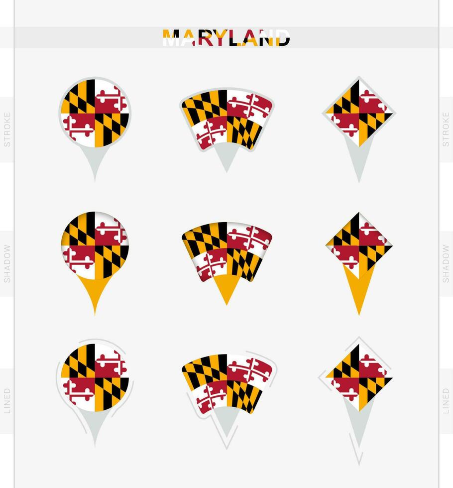 Maryland flag, set of location pin icons of Maryland flag. vector