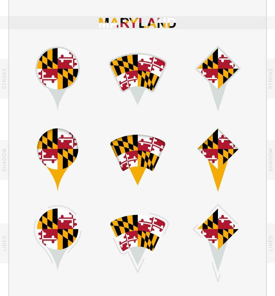 Maryland bandera, conjunto de ubicación alfiler íconos de Maryland bandera. vector