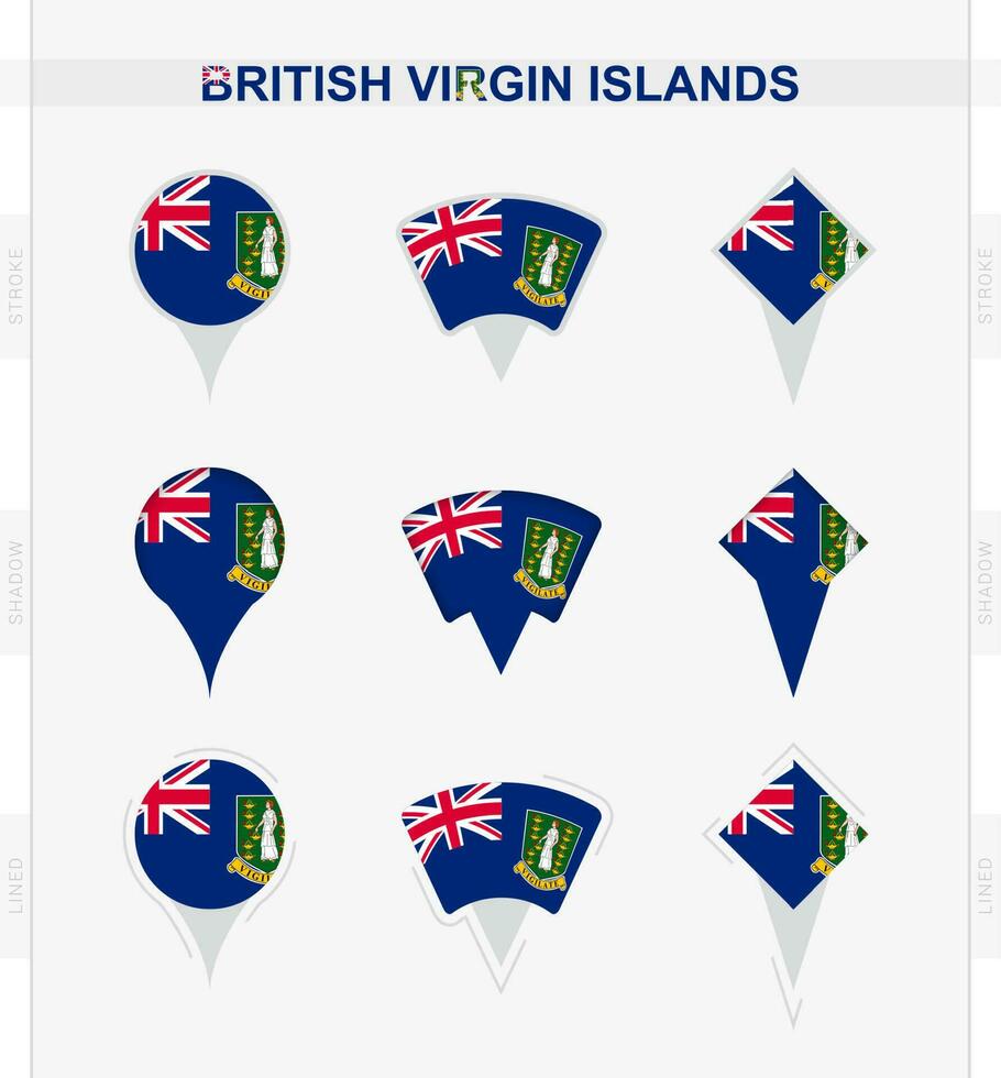 British Virgin Islands flag, set of location pin icons of British Virgin Islands flag. vector