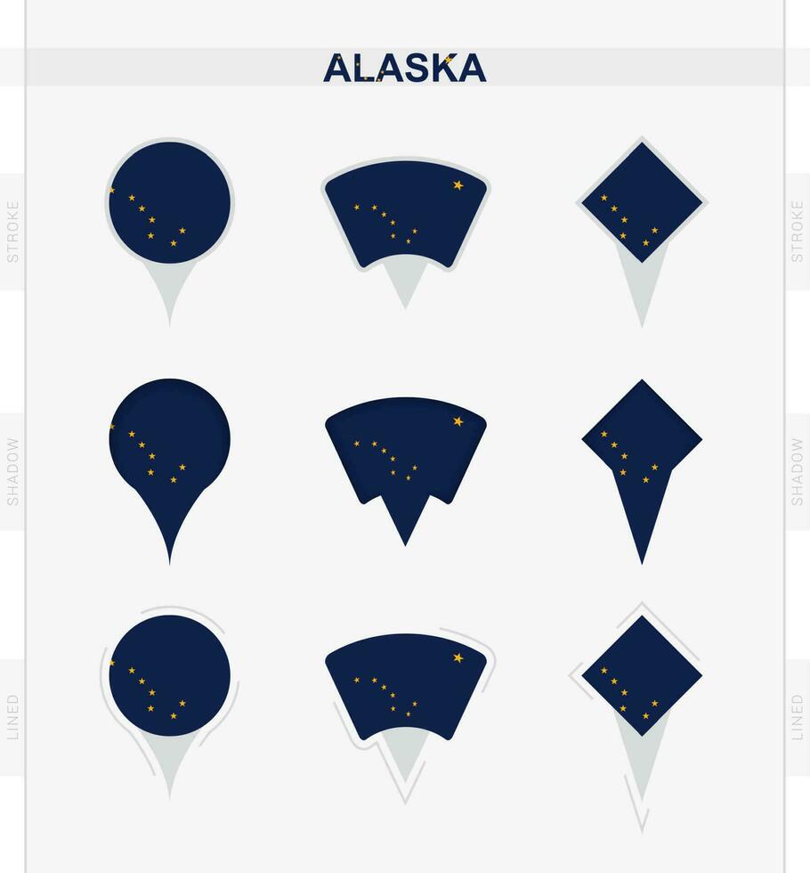 Alaska bandera, conjunto de ubicación alfiler íconos de Alaska bandera. vector