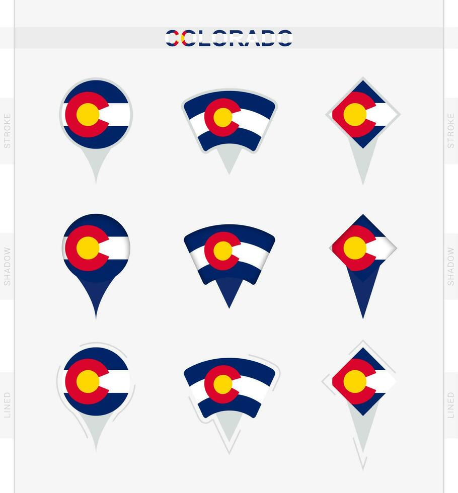 Colorado bandera, conjunto de ubicación alfiler íconos de Colorado bandera. vector