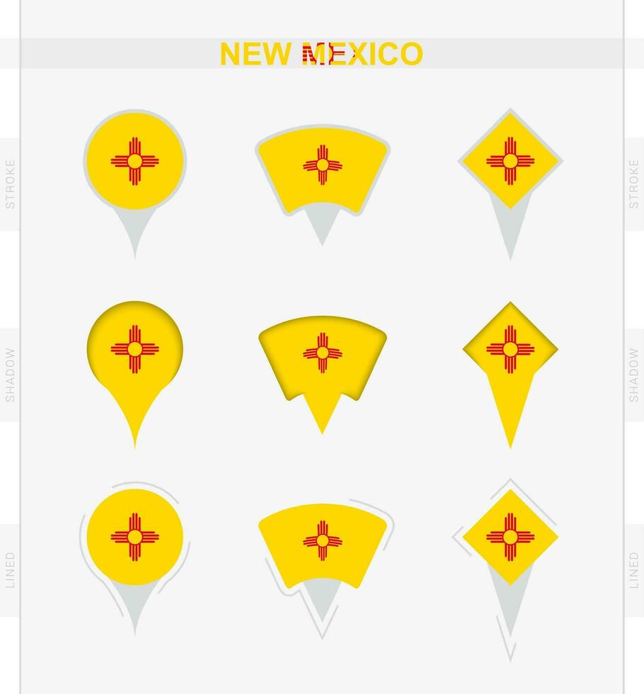 New Mexico flag, set of location pin icons of New Mexico flag. vector