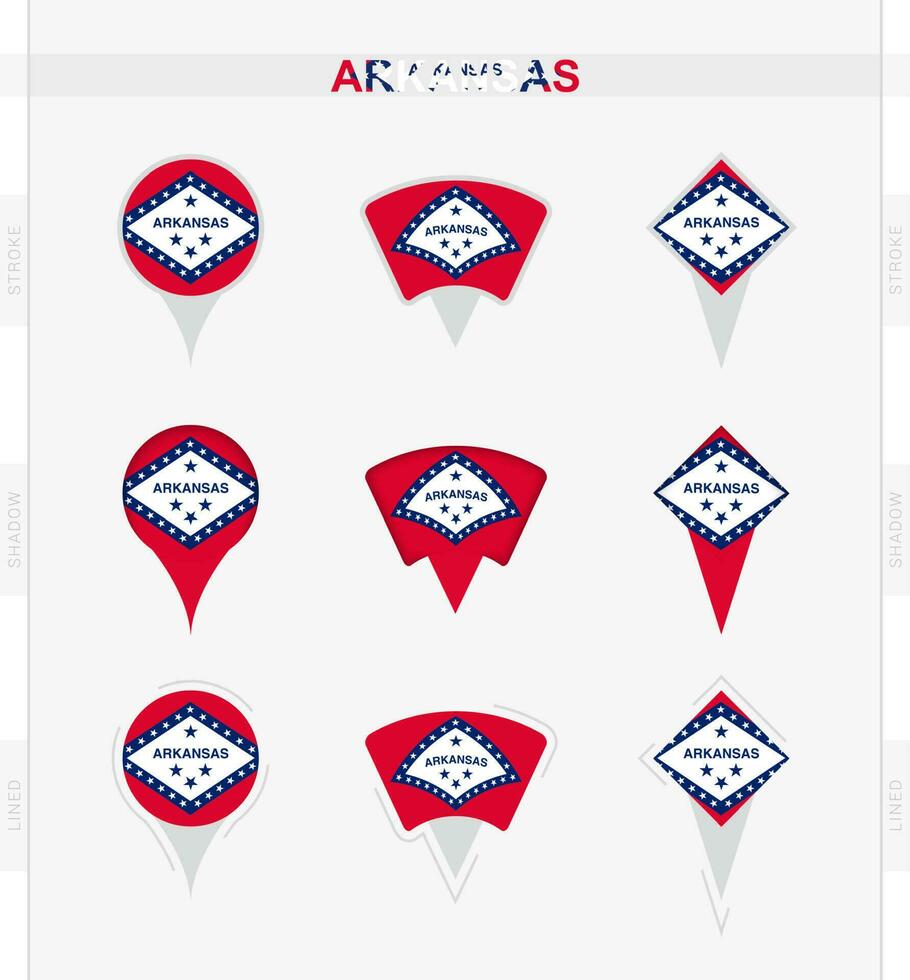 Arkansas flag, set of location pin icons of Arkansas flag. vector