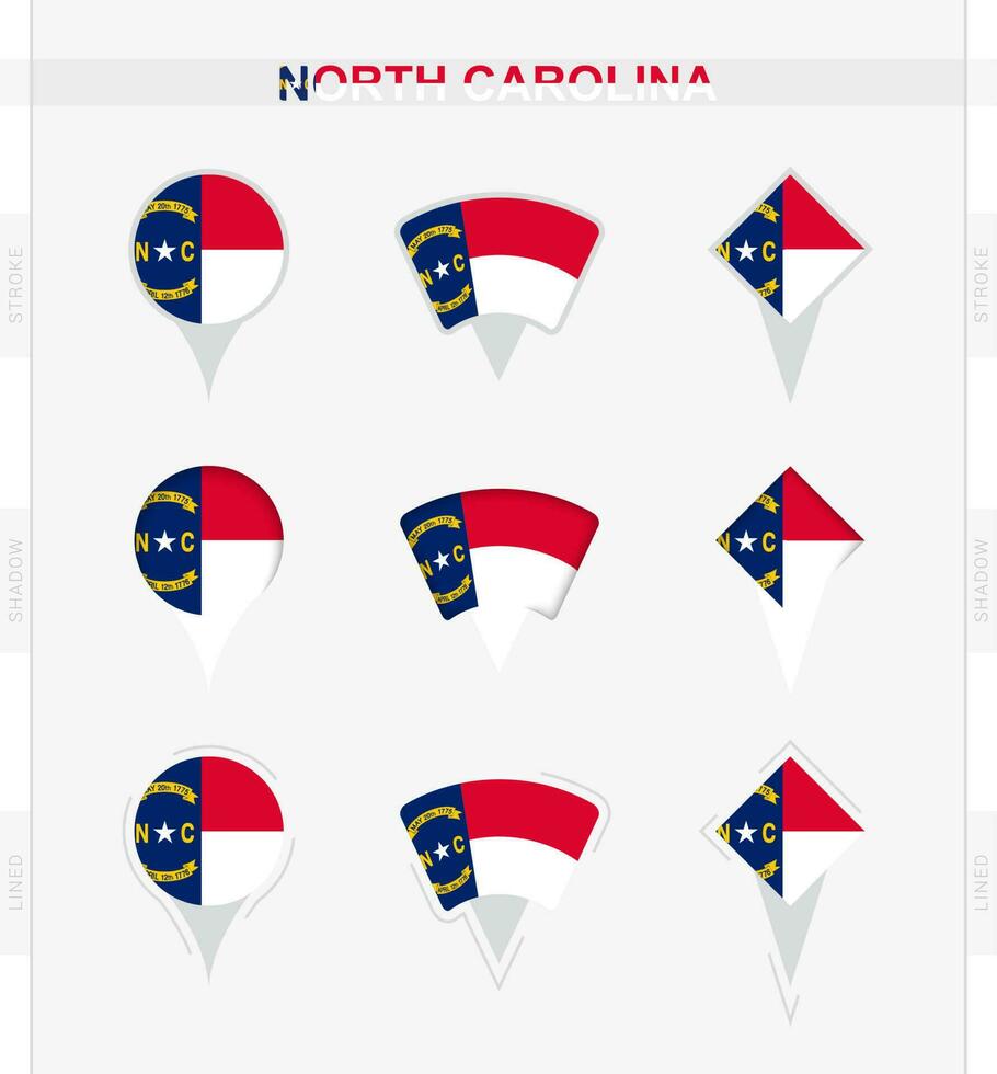 norte carolina bandera, conjunto de ubicación alfiler íconos de norte carolina bandera. vector