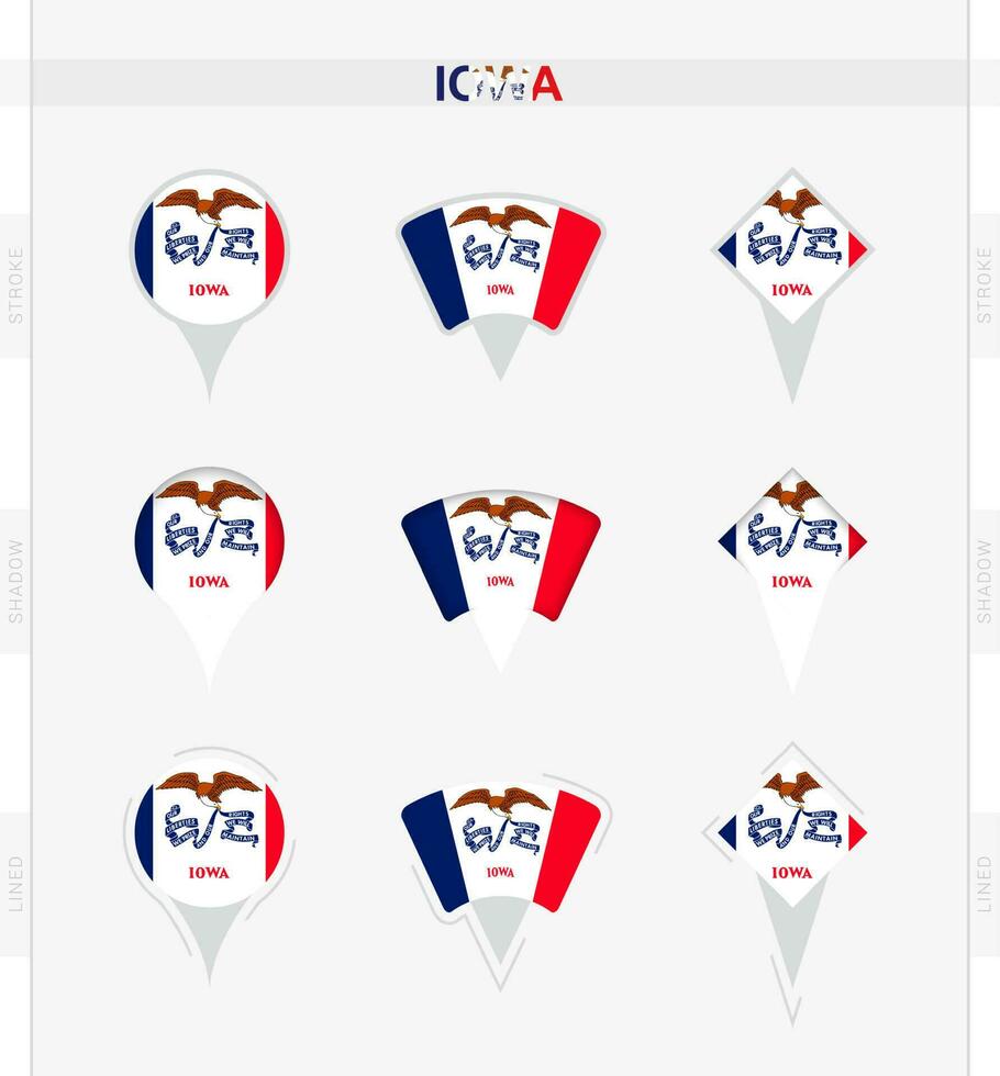 Iowa flag, set of location pin icons of Iowa flag. vector
